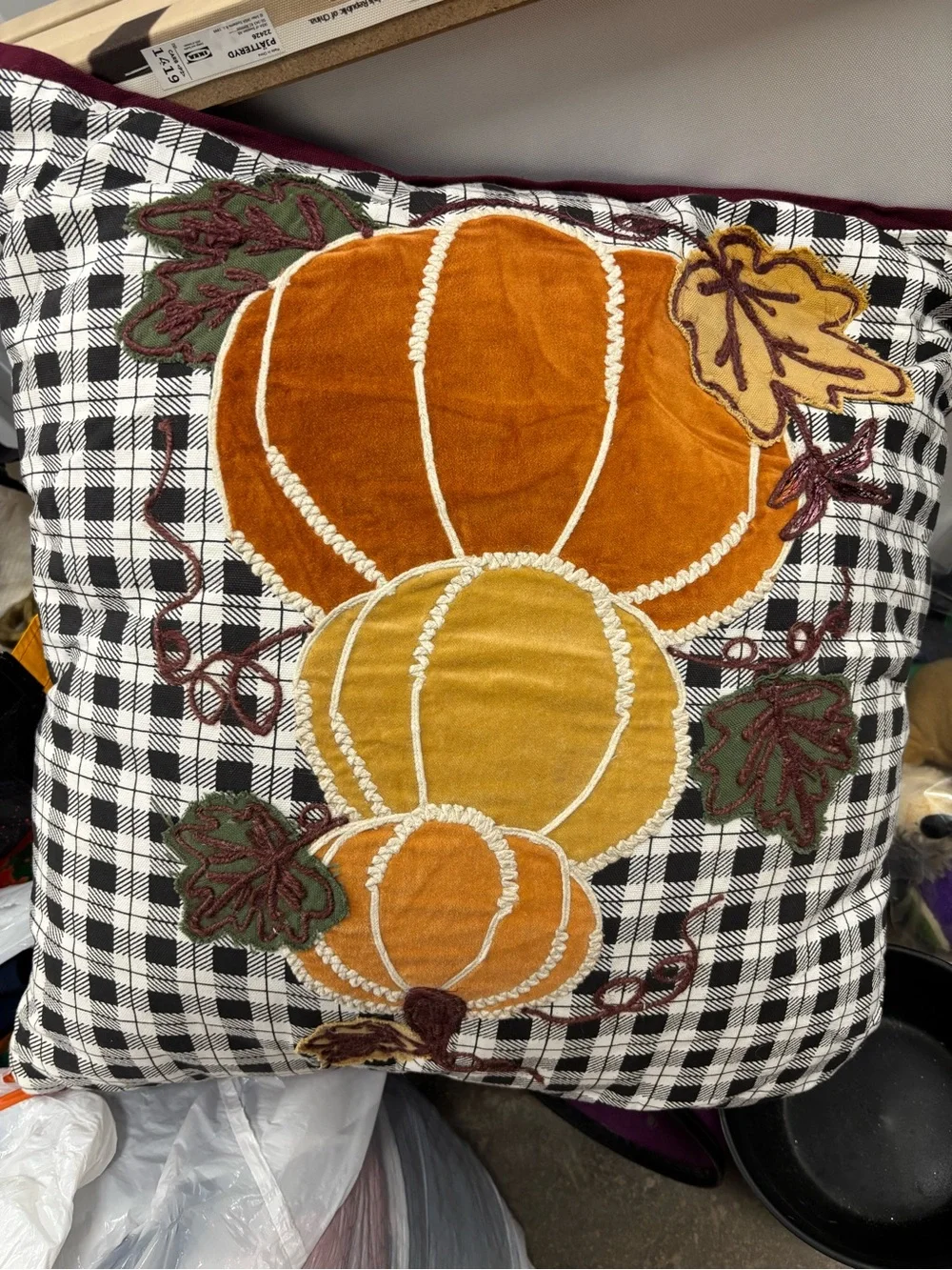 Autumn Pumpkin Applique Throw Pillow - Black & White Plaid with Orange Pumpkins